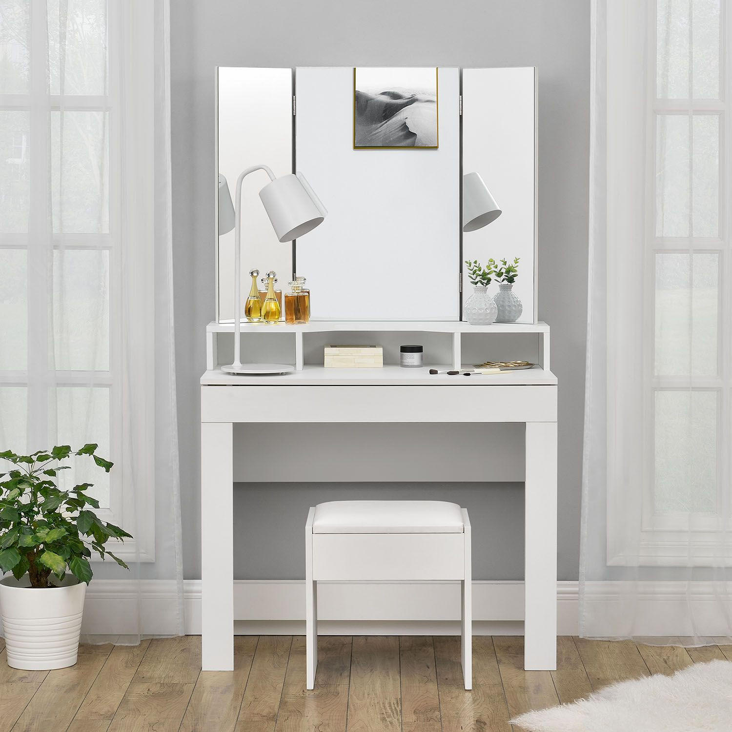 HOCKER Melly weiß mit Sitzkissen ideal für Schminktisch - Weiß, Textil (40/43/30cm) - Juskys