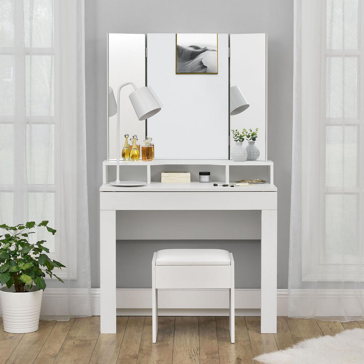 HOCKER Melly weiß mit Sitzkissen ideal für Schminktisch - Weiß, Textil (40/43/30cm) - Juskys