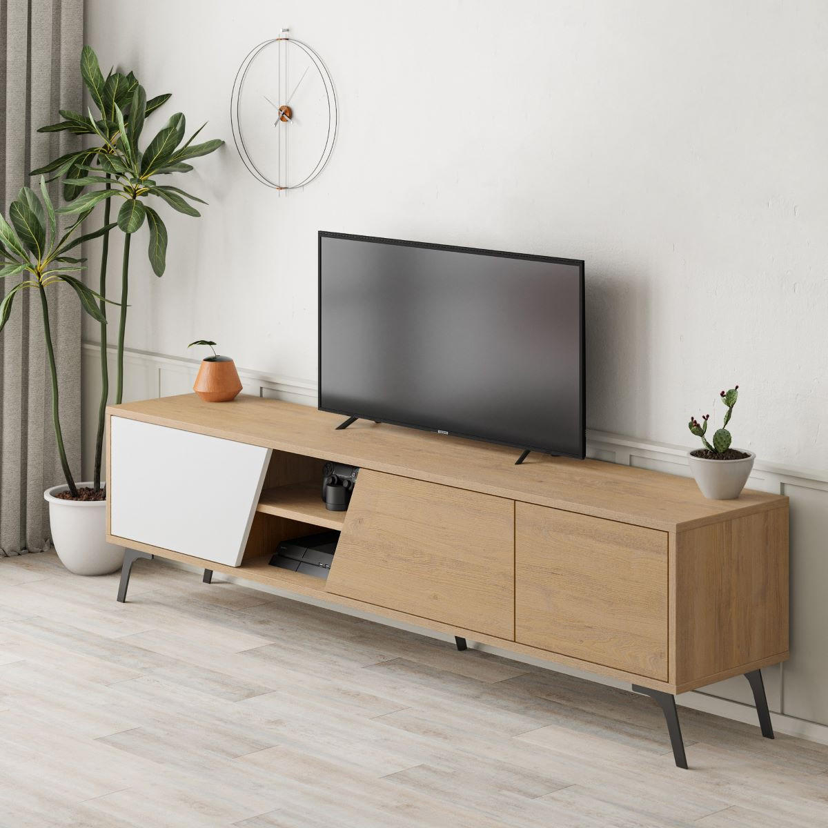 TV-MÖBEL mit 3 Türen und 2 Nischen, Eiche und weiß dekoriert, L180 cm - Fiona - Apfelbaumfarben, Holzwerkstoff (35.6/48/180cm) - Calicosy