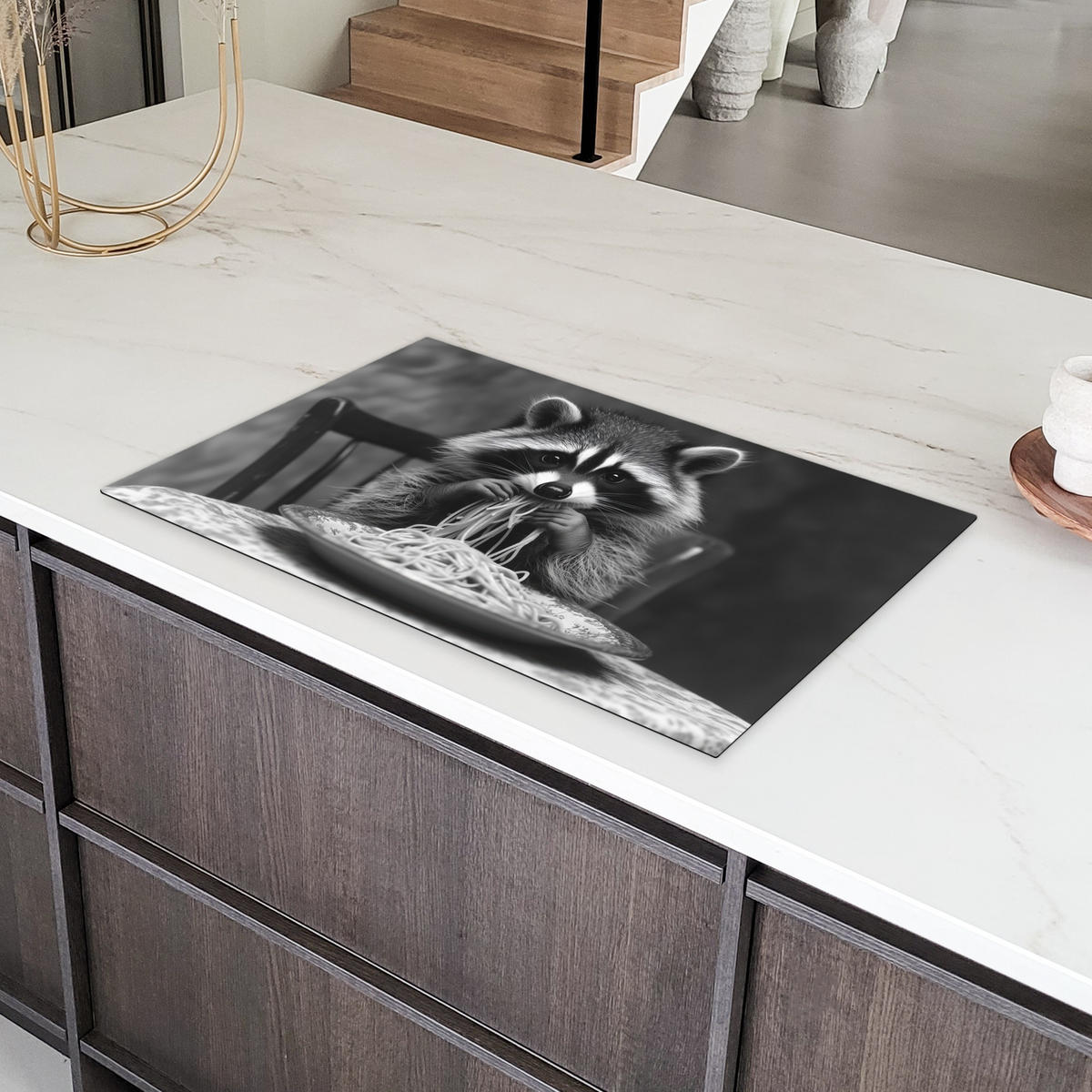 HERDABDECKPLATTE Waschbär - Niedlich - Pasta - Tischtuch - Schwarz - Weiß Induktionsmatte 83x51 cm - Grau, Kunststoff (83/51.5/0.2cm) - MuchoWow