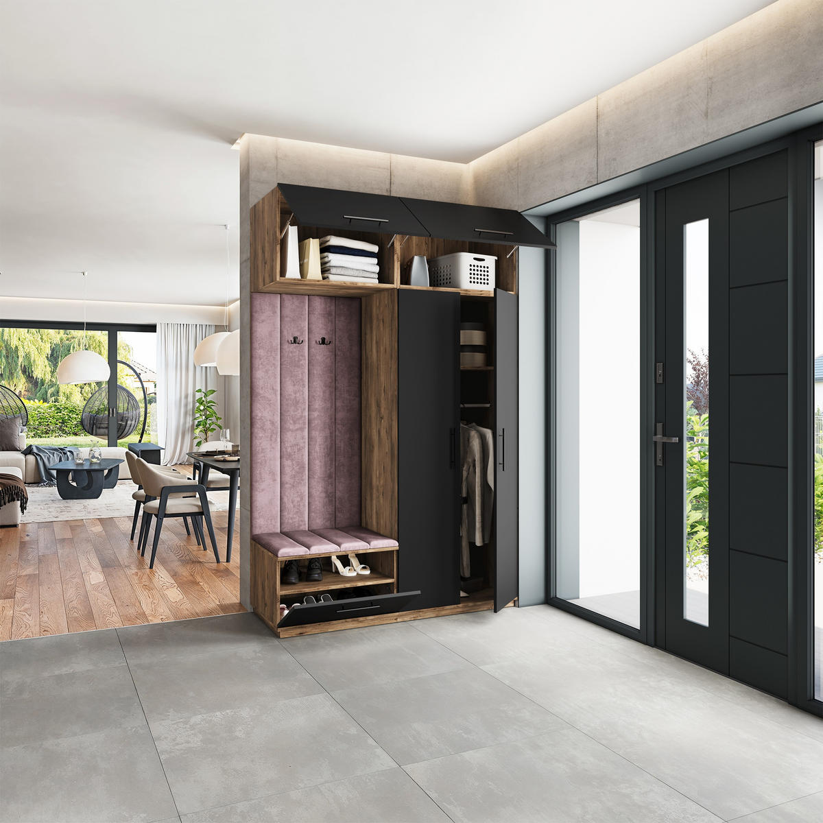 GARDEROBENSCHRANK REMA 150/240/60 cm Modern Garderobe-Set Eiche Lefkas - Eichefarben/Lila, Holzwerkstoff (150/240/60cm) - MASSENO