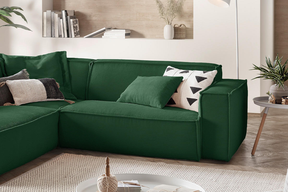 ECKSOFA SAMU Smaragdgrün Cord - Smaragdgrün/Schwarz, Textil (254/224cm) - KAWOLA