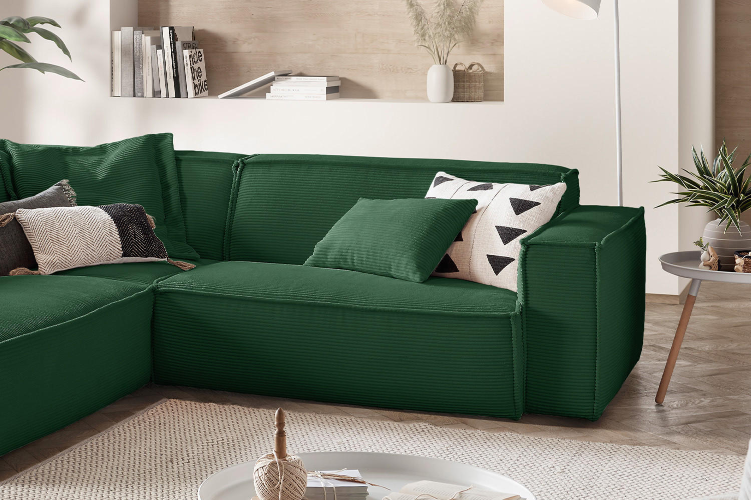 Thumbnail - Kawola Ecksofa, Smaragdgrün, Textil, Echtholz, 3-Sitzer, Füllung: Kaltschaum, Ottomane links, L-Form, 254x224 cm, Wohnzi...