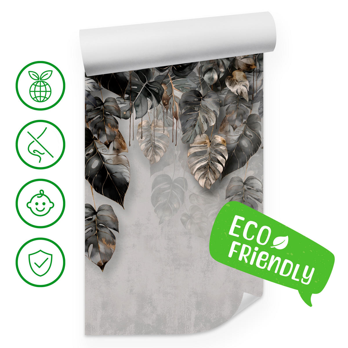 FOTOTAPETE für Wohnzimme Tropenblätter Beton Monstera 300x210 - Gelb/Schwarz, Papier (300/210cm) - Muralo