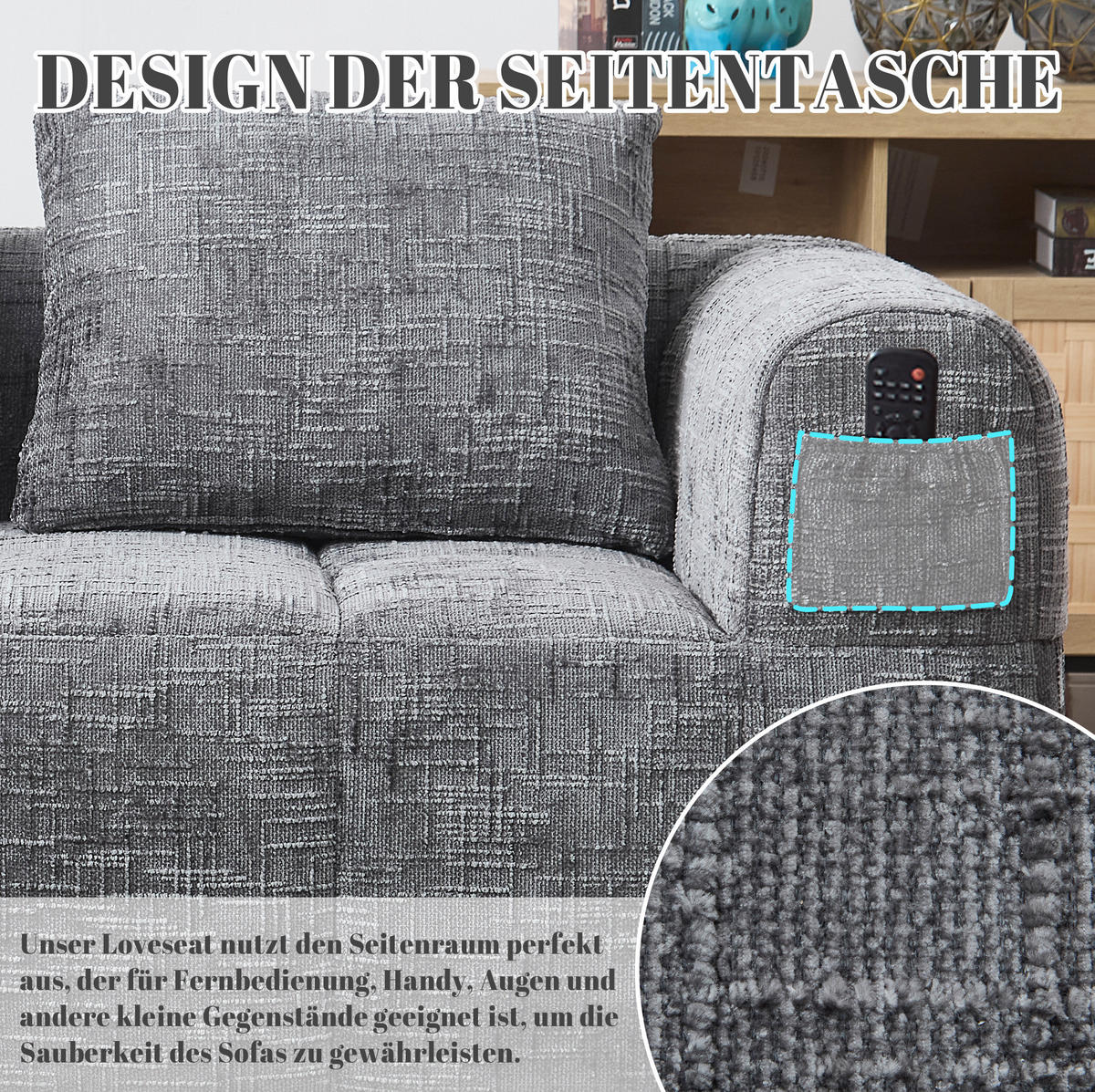 2-SITZER Sofa Chenille mit Chaiselongue und Seitentaschen 158/90/60 cm Grau - Grau, Textil (60/158/90cm) - Redom