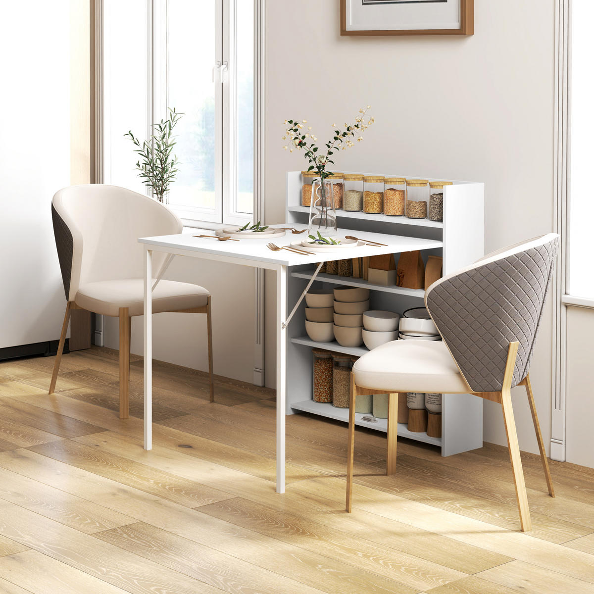 ESSTISCH Klappbar Küchentisch mit 4-stufigen Regalen für 3 Personen, Weiß - Weiß, Holzwerkstoff/Kunststoff (91/78.5/93cm) - HOMCOM