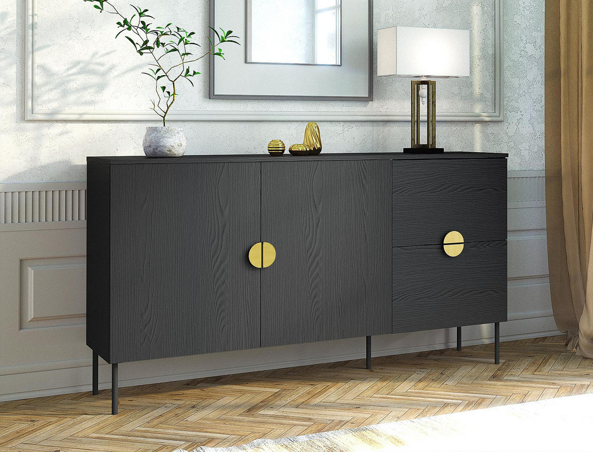 SIDEBOARD Brunelli 2T 2S Dunkelgrau 160/87,6/40 cm – mit geräumigen Schubladen - Dunkelgrau/Schwarz, Holzwerkstoff/Metall (160/87.6/40cm) - AX Living