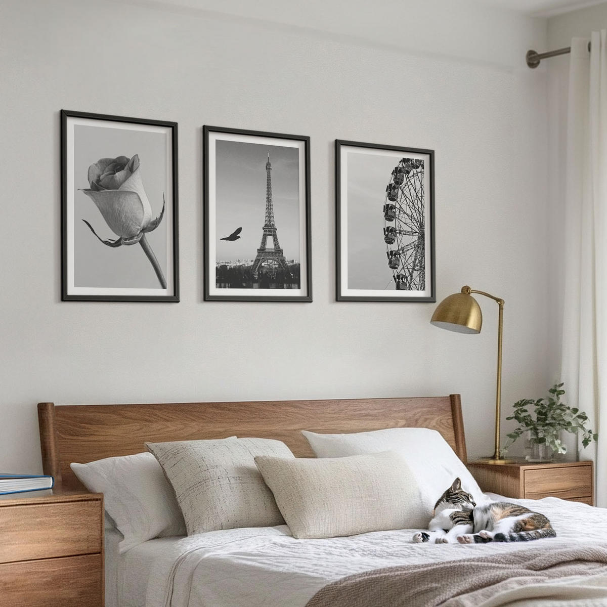 WANDBILDER 3er-Set - 40x60 cm Schwarzer Rahmen - Rose Eiffelturm Riesenrad - Schwarz, Kunststoff (40/60cm) - ArtPrintCave