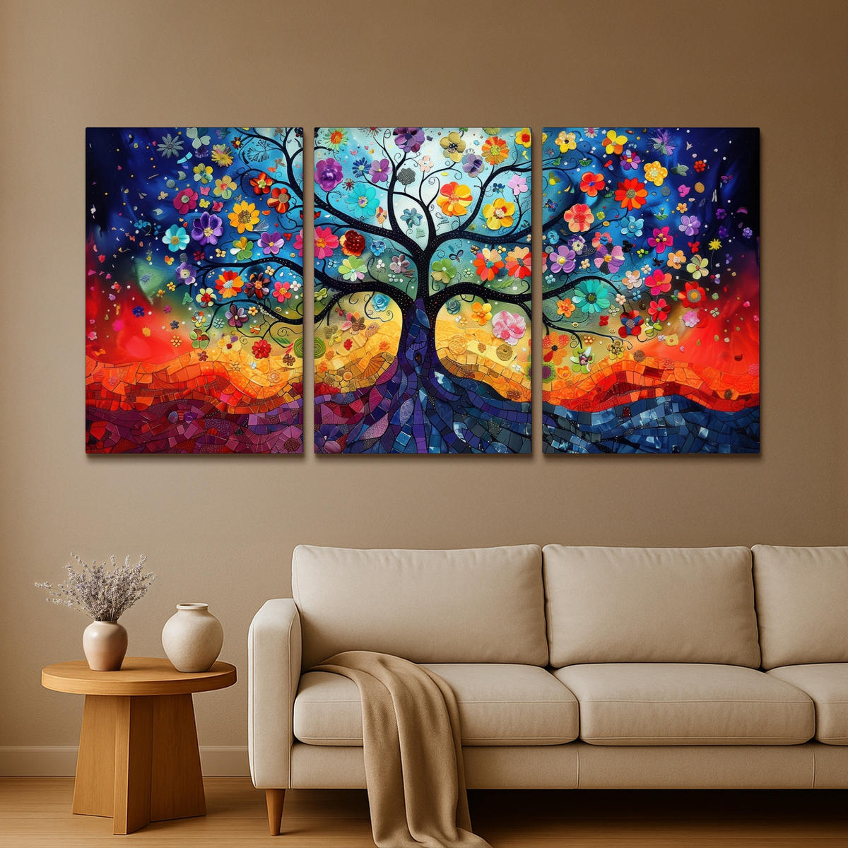 LEINWANDBILD 3er Set Bunt - Baum des Lebens - Blumen - Abstrakt 240x120 cm - Blau, Textil (240/120cm) - MuchoWow