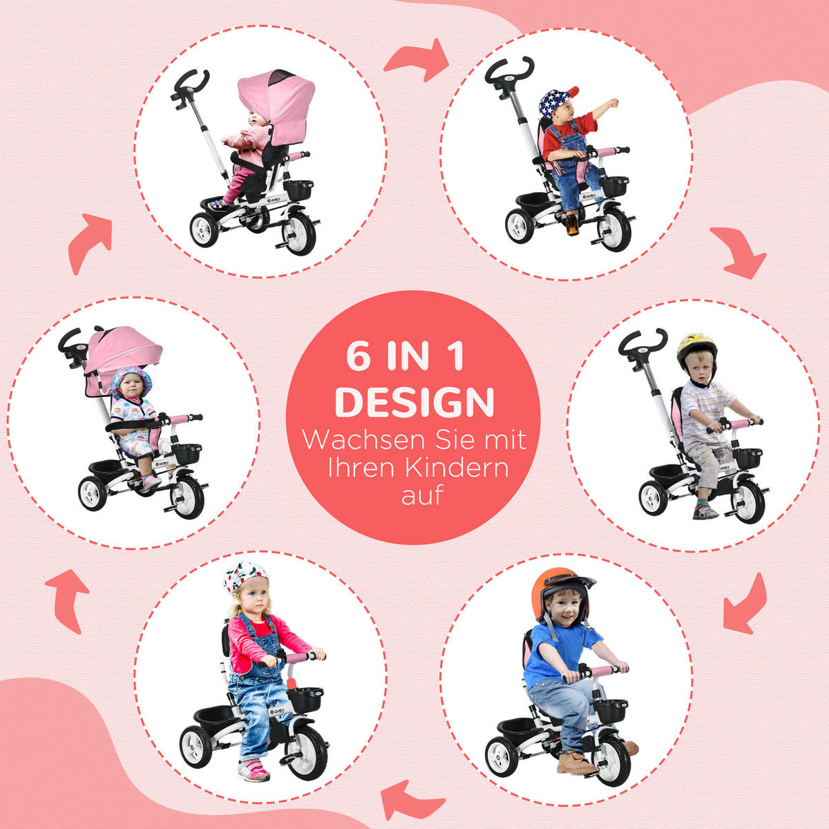 6 in 1 Dreirad mit Schubstange, Kinderdreirad mit Sicherheitsgurt, Sonnendach - Rosa, Metall (112/50/104cm) - HOMCOM