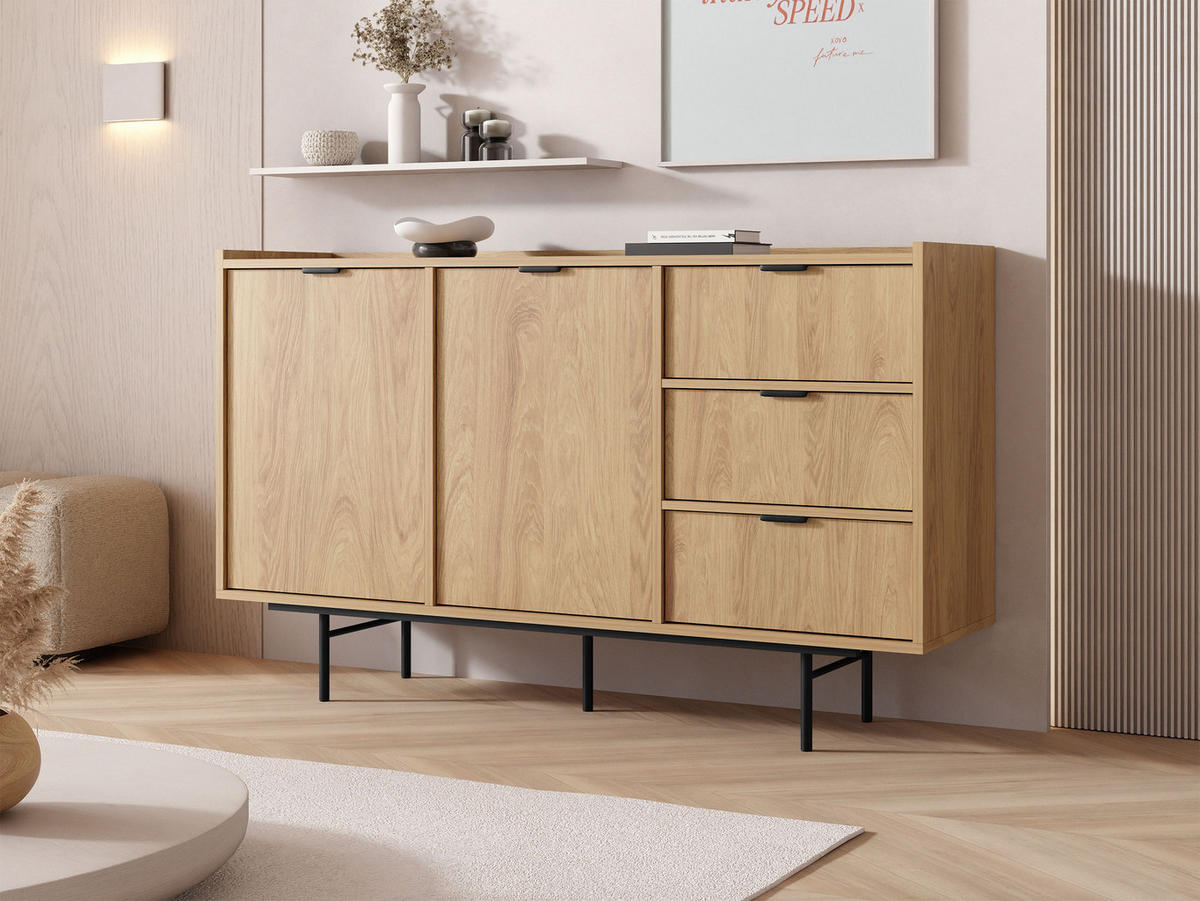 KOMMODE Edison 2D3S - Eichefarben/Schwarz, Holzwerkstoff/Metall (150/90/40cm) - MIRJAN24