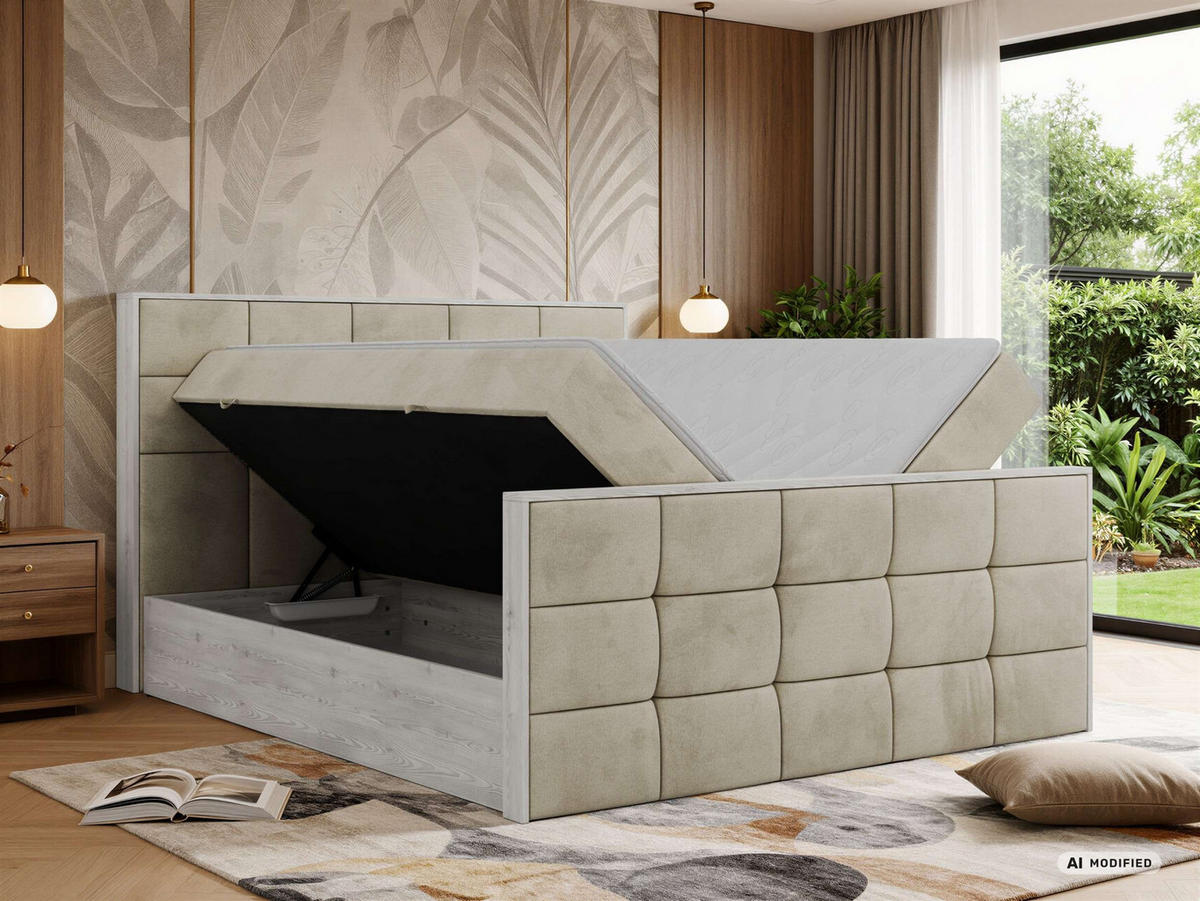 BOXBETT ALNOR DUO 140/200 - Beige Velvet - Topper Visco - H3 - Beige/Schwarz, Kunststoff/Textil (140/200cm) - MKS