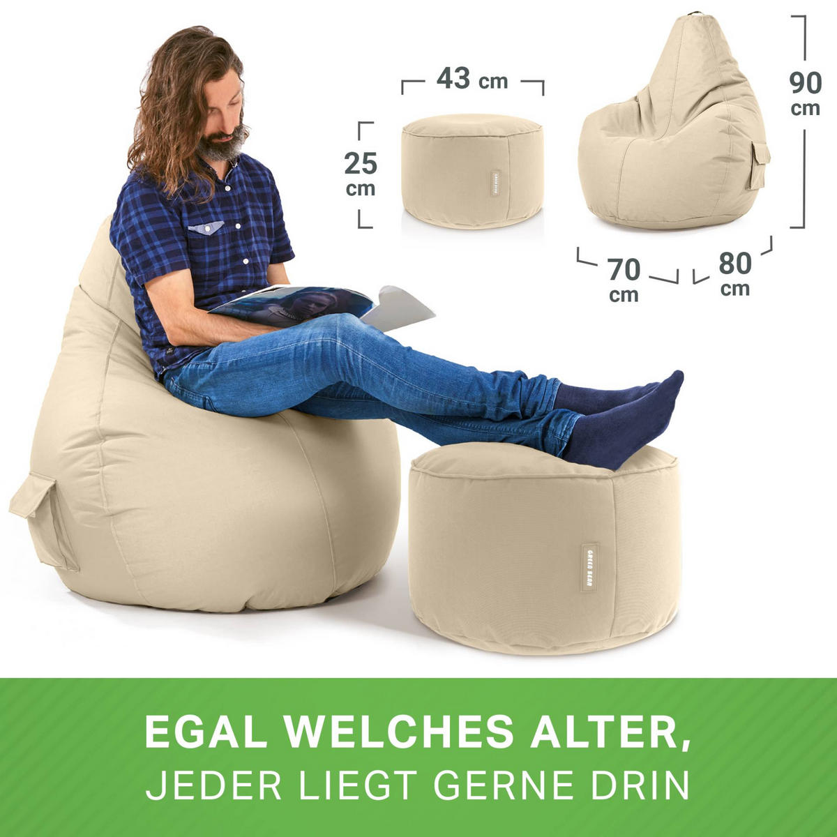 SITZSACK + Hocker "Cozy+Stay" 2er Set - Beige, Textil (70/90/80cm) - Green Bean