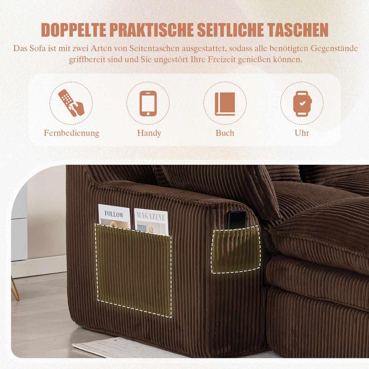 WOHNLANDSCHAFT Cord Braun mit Kissen, Seitentaschen und Hocker - Braun, Textil (335/85/167cm) - WISHDOR