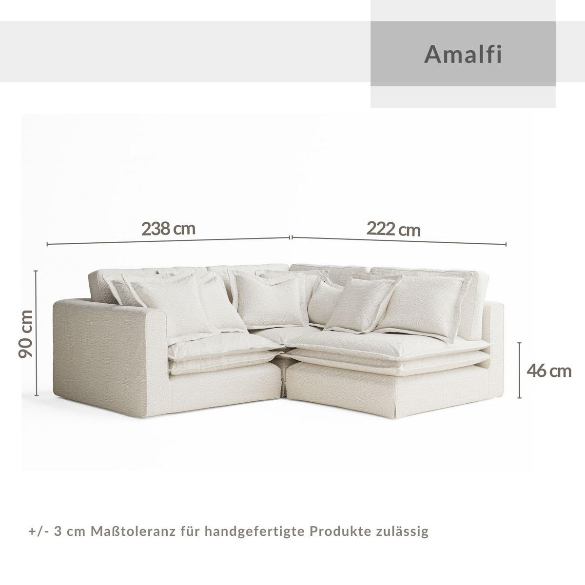 ECKSOFA Amalfi Creme Chenille-Stoff - Creme/Schwarz, Holz/Holzwerkstoff (238/222cm) - Maison de Reve