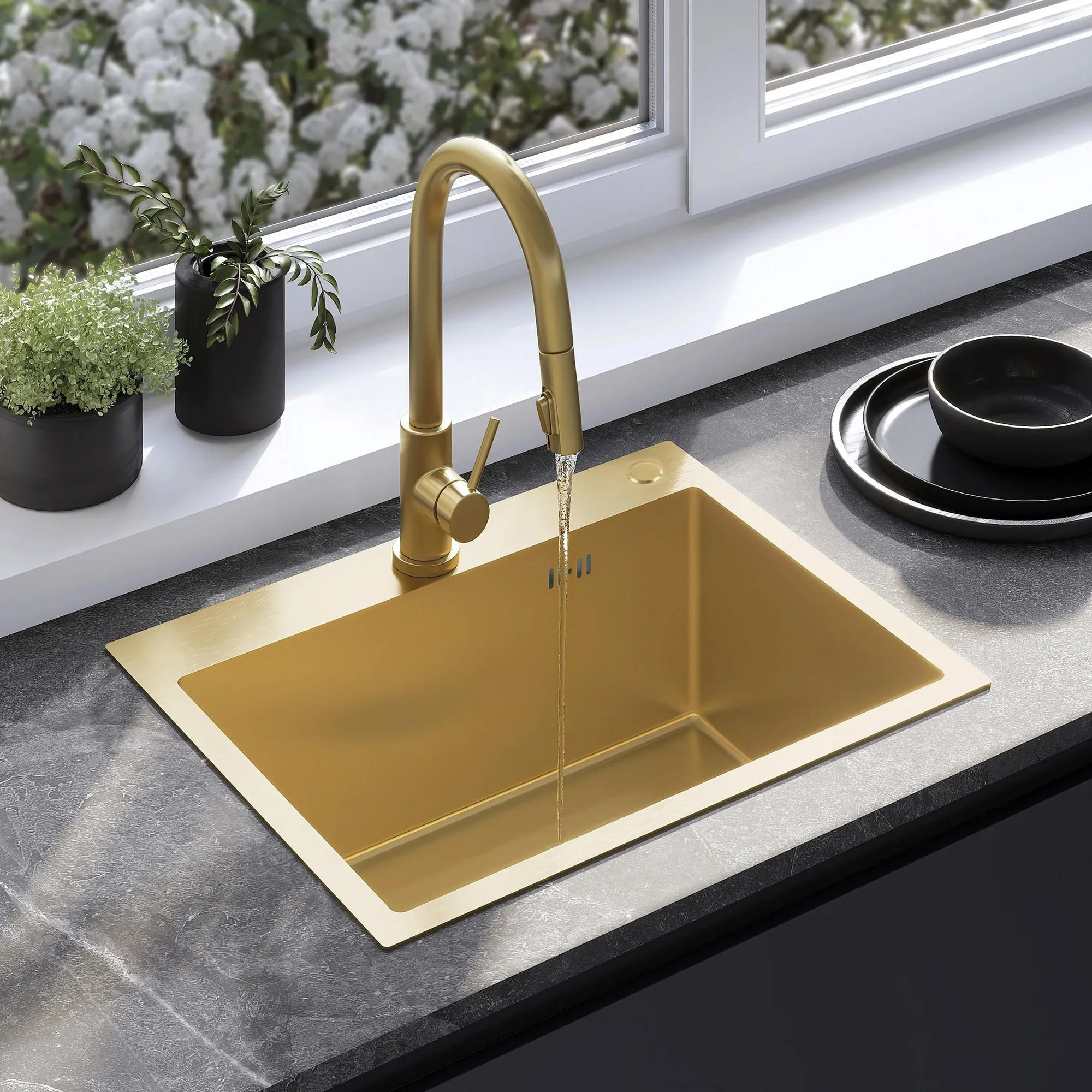 EDELSTAHLSPÜLE Rea Liam Brush Gold mit Küchenarmatur - Goldfarben, Metall (45/18.5/58cm) - REA