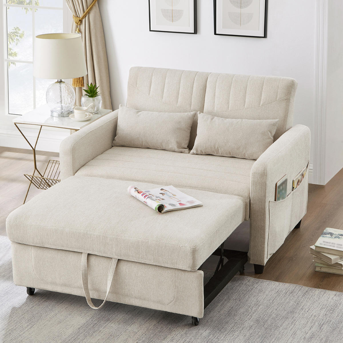 SOFABETT mit Schlaffunktion 166x95 cm Baumwoll-Leinen Beige - Beige, Metall (77/82.5/114cm) - Meubliv