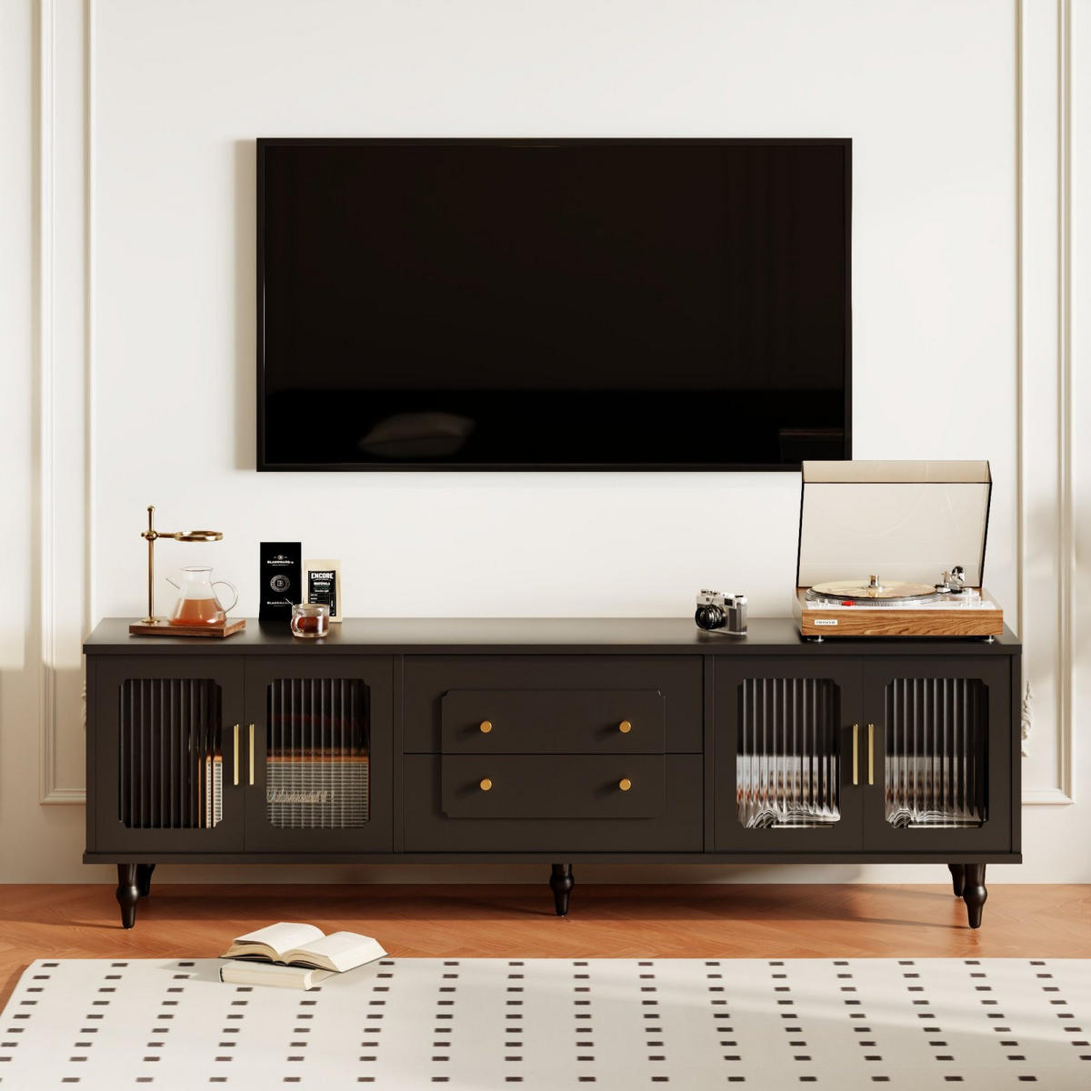 TV Lowboard Glastüren, 2 Schubladen, Schwarz - Schwarz, Holz (175/55/38cm)