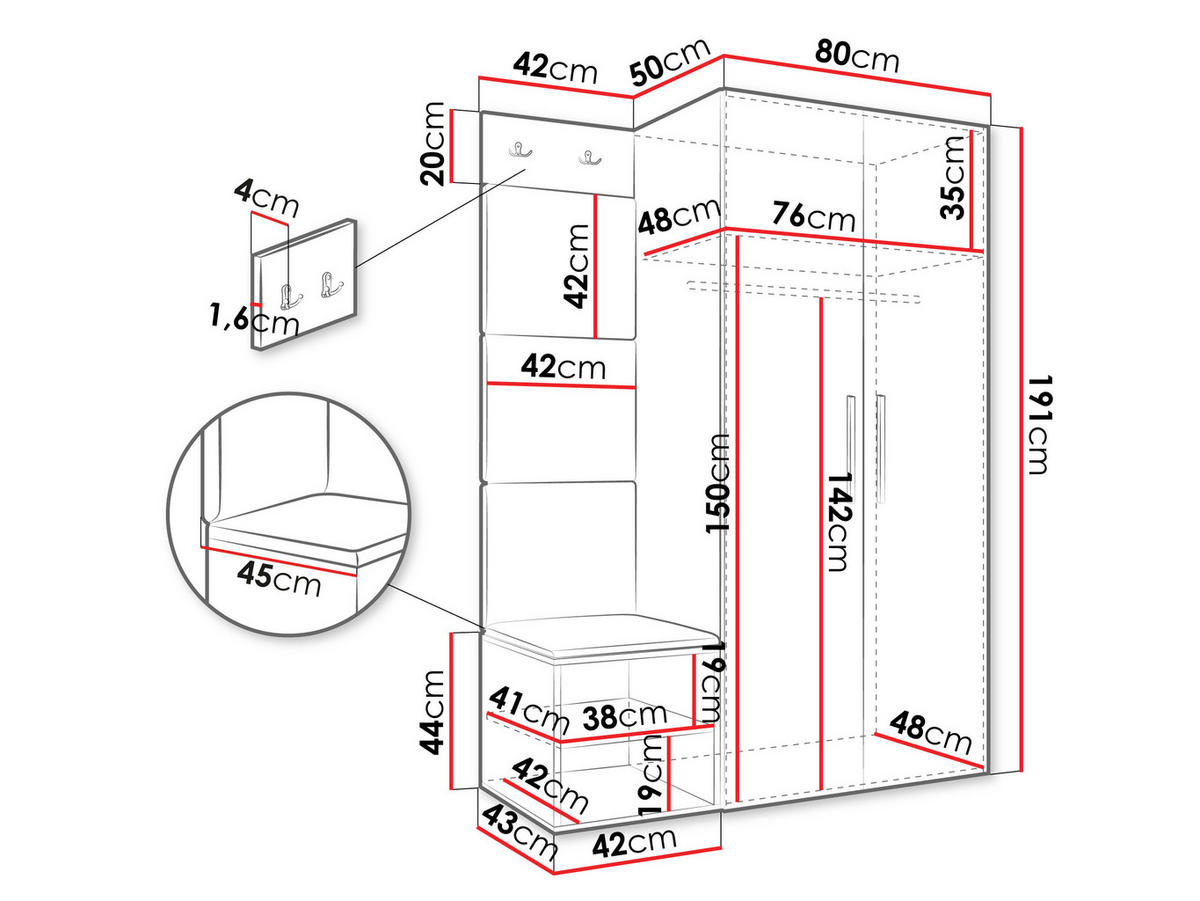 GARDEROBEN-SET Medi IV - Schwarz/Weiß, Holzwerkstoff/Kunststoff (80/191/50cm) - MIRJAN24