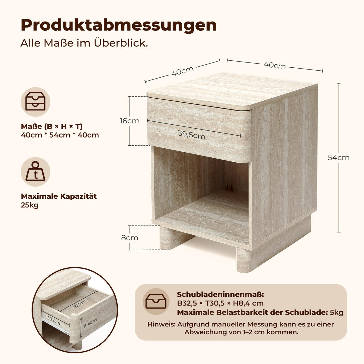 NACHTTISCH in Travertin-Optik | B53 x T45 x H50 cm - Beige, Holzwerkstoff (40/54/40cm) - Hometopia