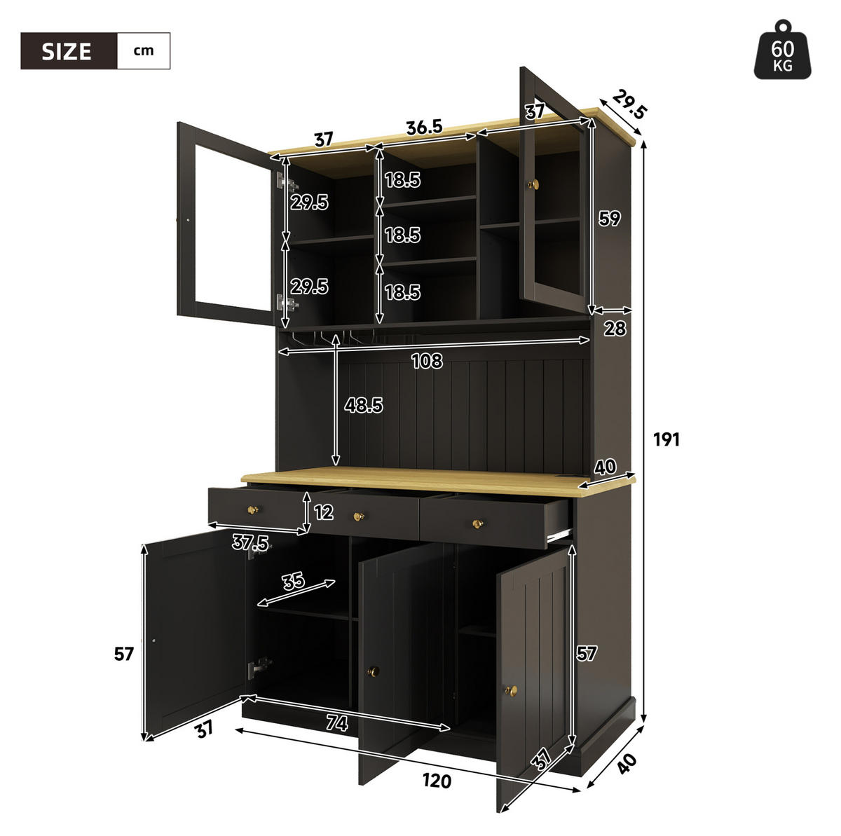BUFFETSCHRANK aus Spanplatte 120x40x191 cm Schwarz mit Glastüren, Gläserhalter und Steckdosen - Schwarz, Holzwerkstoff (120/191/40cm) - IVMEU