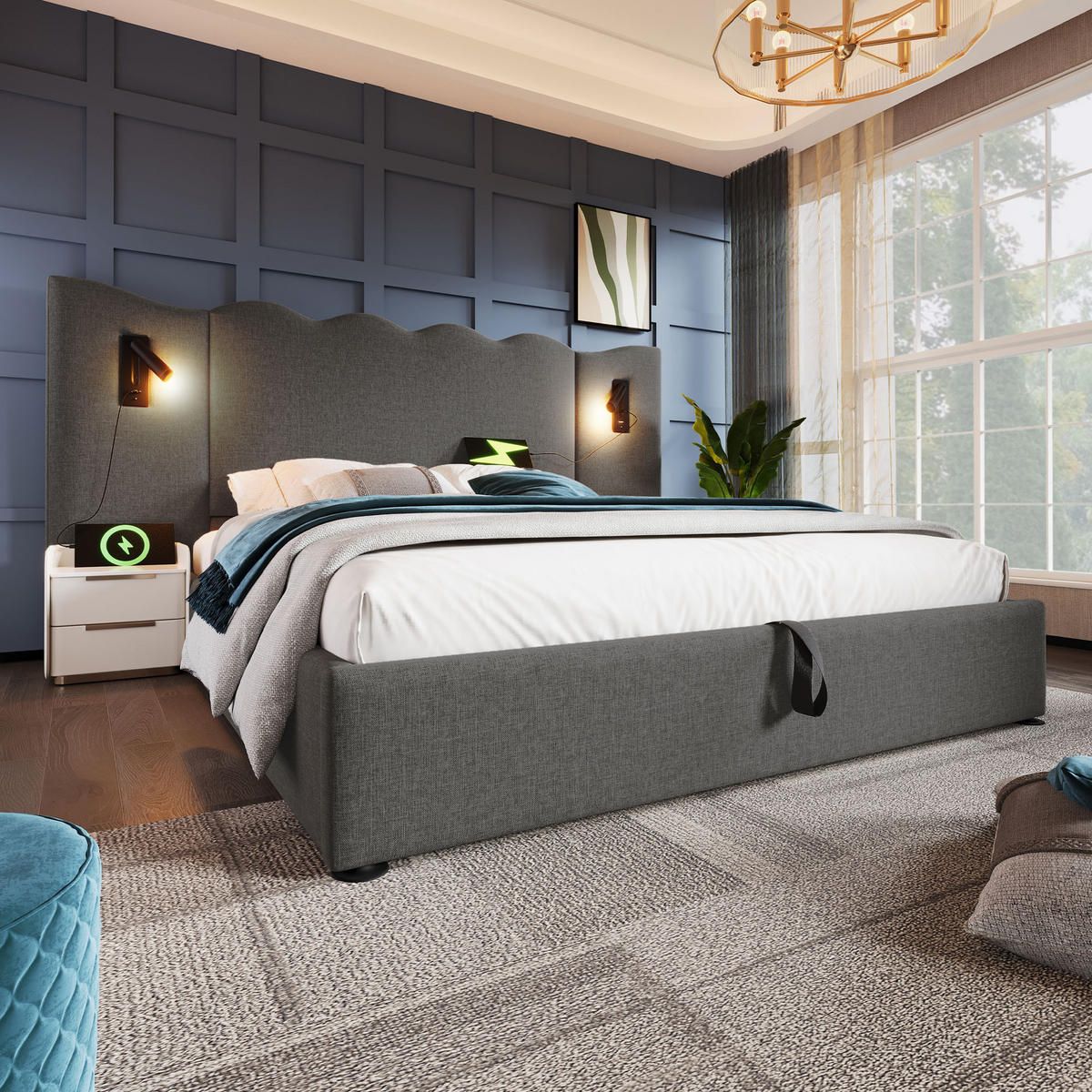 POLSTERBETT 180/200 cm Grau mit Leselampe und USB Type-C Anschlüssen - Grau, Textil (180/200cm) - OKWISH