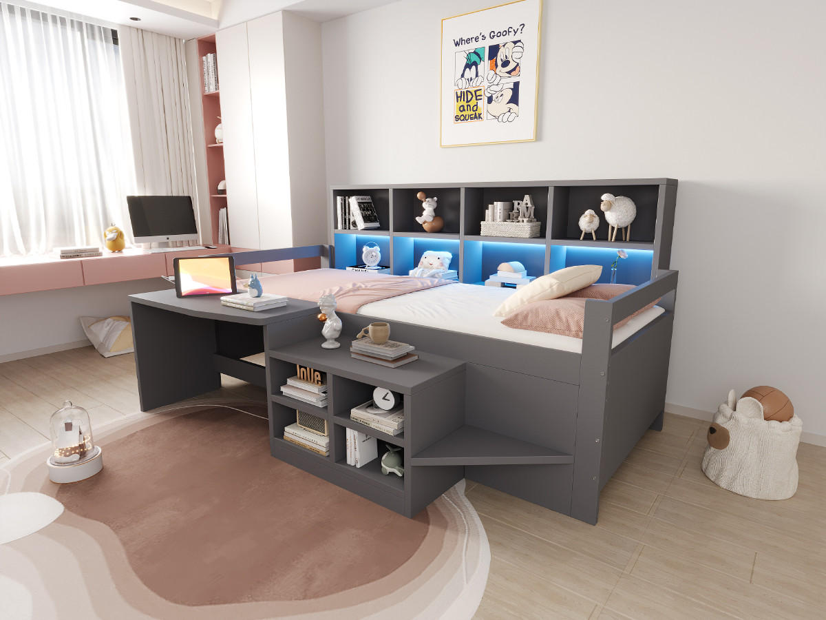 HOCHBETT 90/200 cm in Grau mit Schreibtisch, Stauraum und LED - Grau, Holz/Holzwerkstoff (90/200cm) - CHICFURN