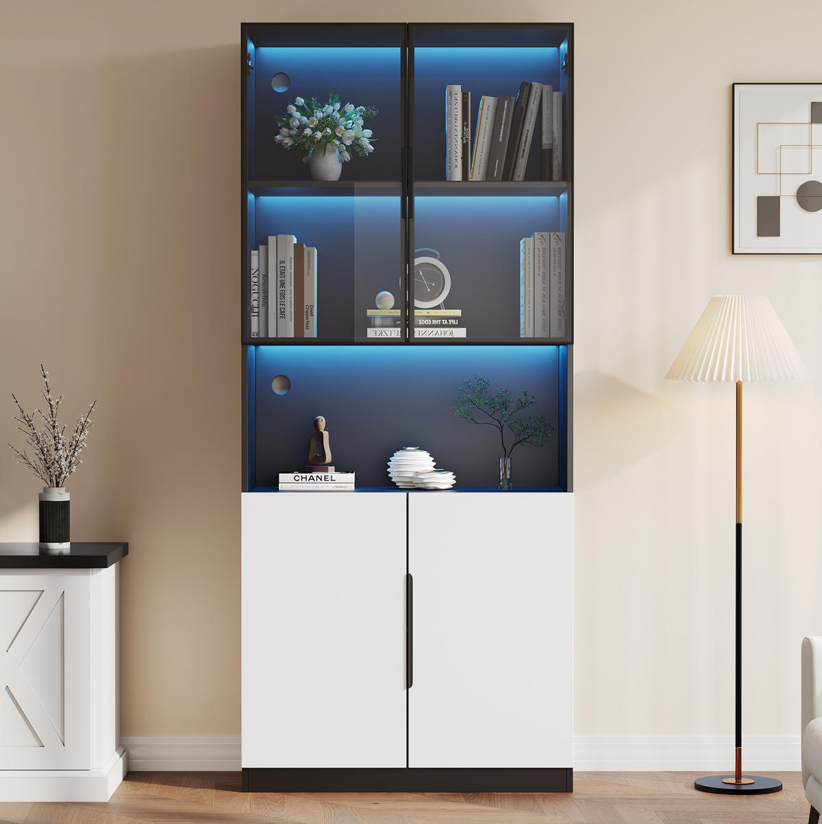 VITRINA 80/30/200 cm bijela/crna s LED osvjetljenjem i staklenim vratima - bijela, drvni materijal (80/200/30cm) - BEAOK