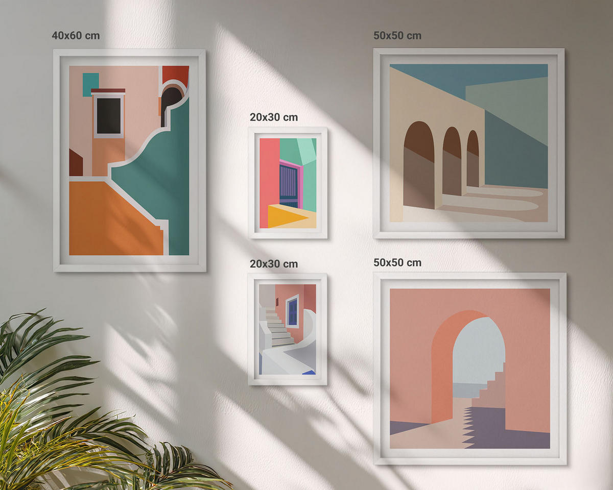 BILDER SET 5er Set - 50x50 cm & 20x30 cm & 40x60 cm Weißer Rahmen - Farbenfrohe moderne Gebäude - Weiß, Kunststoff (40/60cm) - TULUP