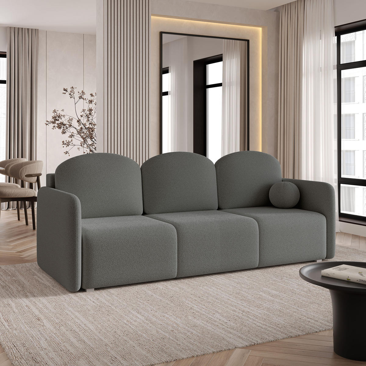 BETTSOFA SUVI III Q Grau Bucle-Stoff mit Schlaffunktion - Grau, Textil (220/85/90cm) - MASSENO