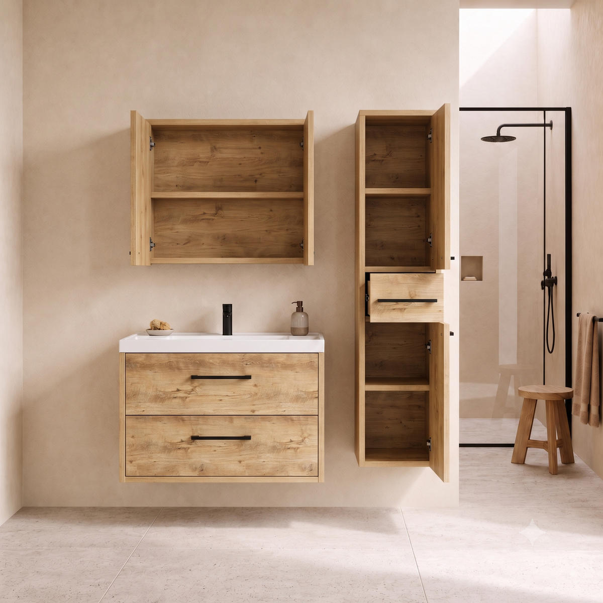 BADMÖBEL-SET Florence 3 Teile Kastanien Eiche - 80 x 40 x 51 cm - Eichefarben, Holz (80/51/40cm) - Badplaats
