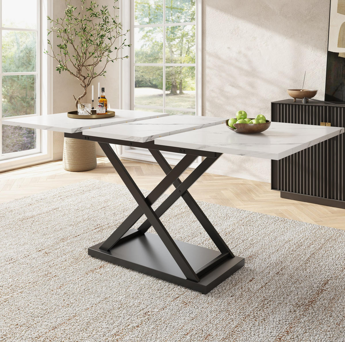 JEDÁLENSKÝ stôl 120-160/80/75 cm, MDF, biely/mramorový, rozkladací - biela, kompozitné drevo (160/80/75cm) - BEAOK
