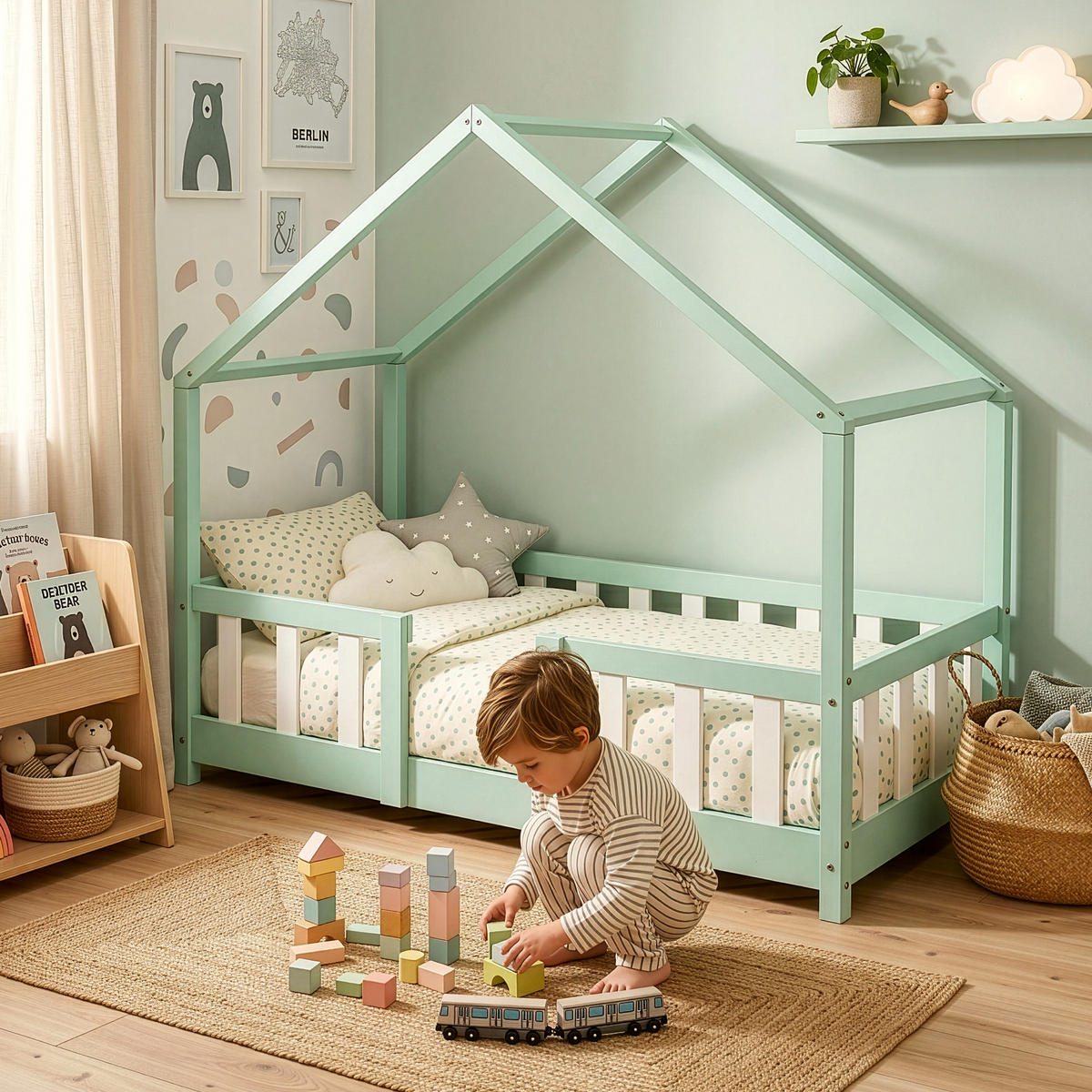 HAUSBETT Treviolo - Weiß/Mintgrün, Holz (70/140cm) - [en.casa]