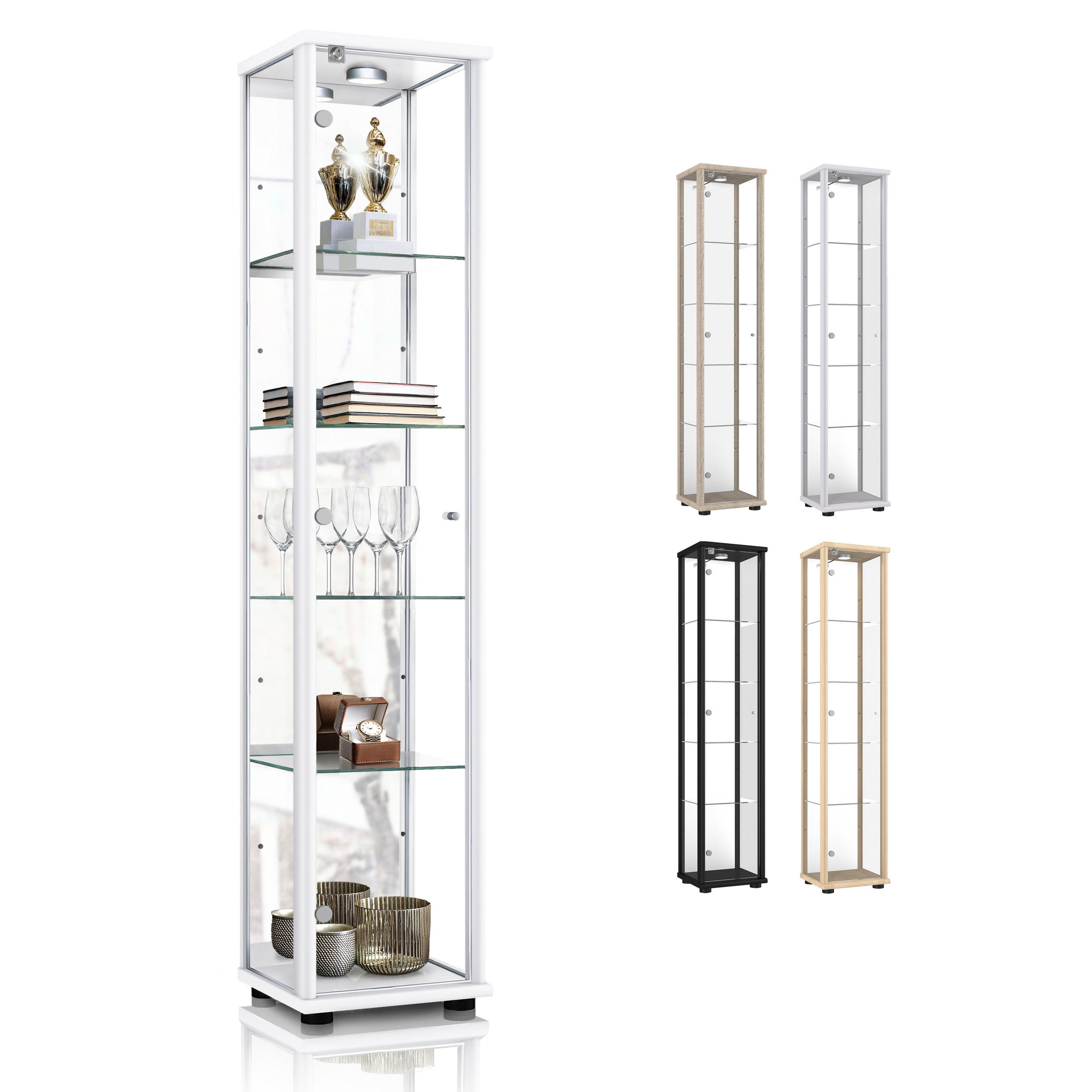 GLASVITRINE 33/37/176 cm mit Spiegel, LED, Schloss & 4 höhenverstellbaren Glasböden - Transparent/Silberfarben, Glas/Holzwerkstoff (37/176/33cm) - K-Möbel