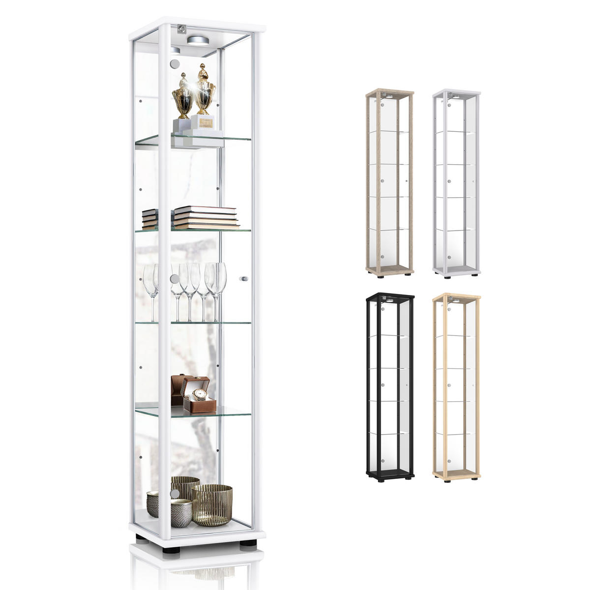 GLASVITRINE 33/37/176 cm mit Spiegel, LED, Schloss & 4 höhenverstellbaren Glasböden - Transparent/Silberfarben, Glas/Holzwerkstoff (37/176/33cm) - K-Möbel