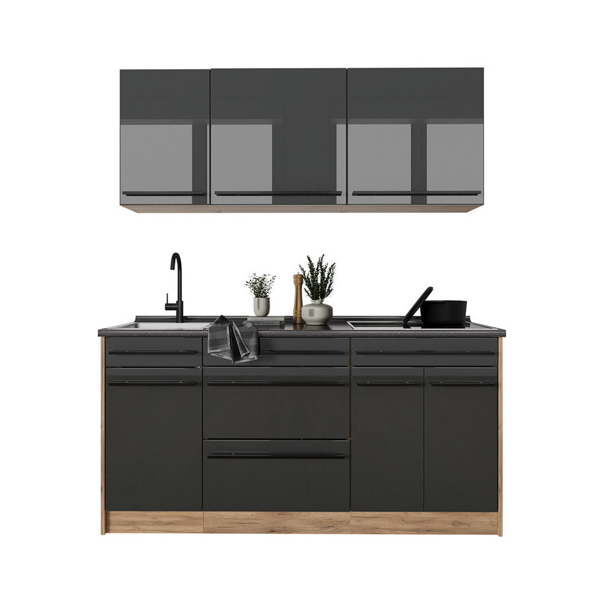 SINGLEKÜCHE R-Line, Anthrazit Hochglanz/Goldkraft Eiche, 160 cm Arbeitsplatte Goldkraft Eiche - Honigeiche/Schwarz Hochglanz, Holzwerkstoff (160/81.6/60cm) - Vicco