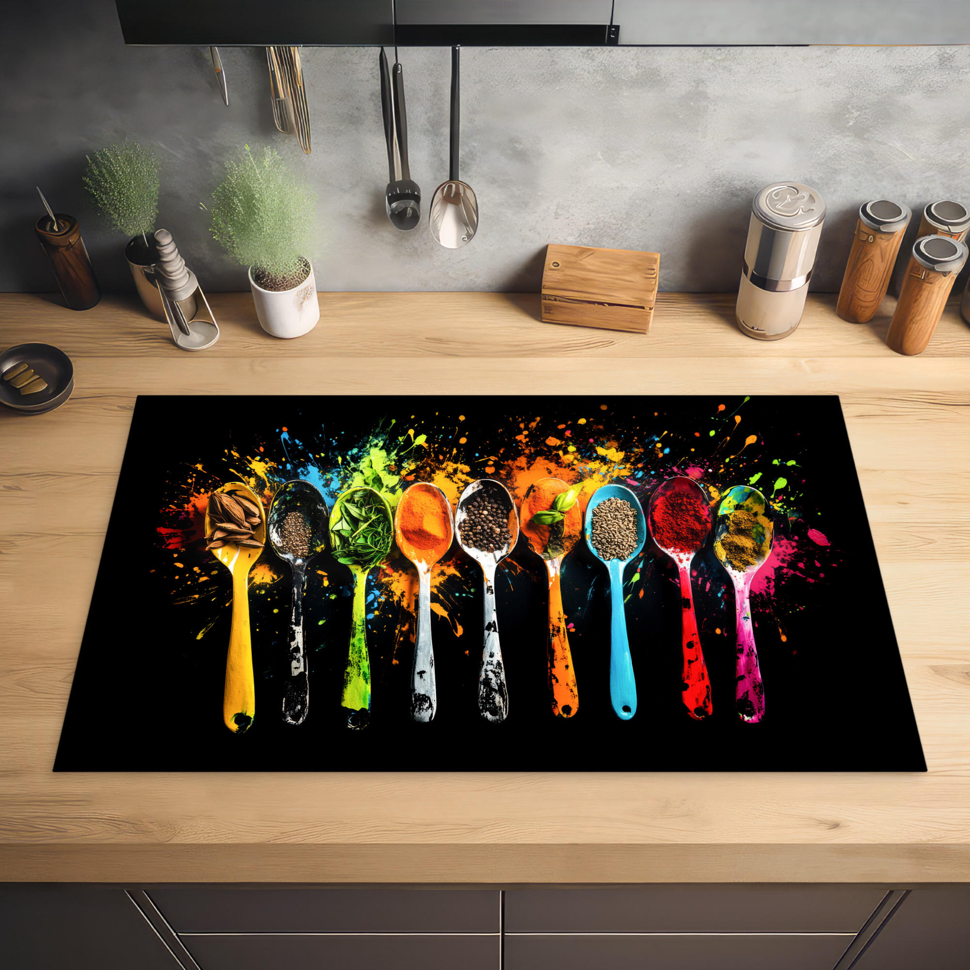 HERDABDECKPLATTE Löffel - Gewürze - Modern - Graffiti - Farbe - Farbenfroh 85x52 cm - Multicolor, Kunststoff (85/0.2/52cm) - MuchoWow
