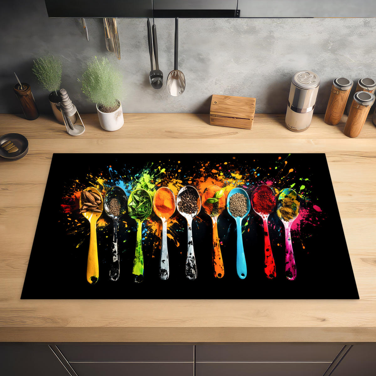 HERDABDECKPLATTE Löffel - Gewürze - Modern - Graffiti - Farbe - Farbenfroh 85x52 cm - Multicolor, Kunststoff (85/0.2/52cm) - MuchoWow