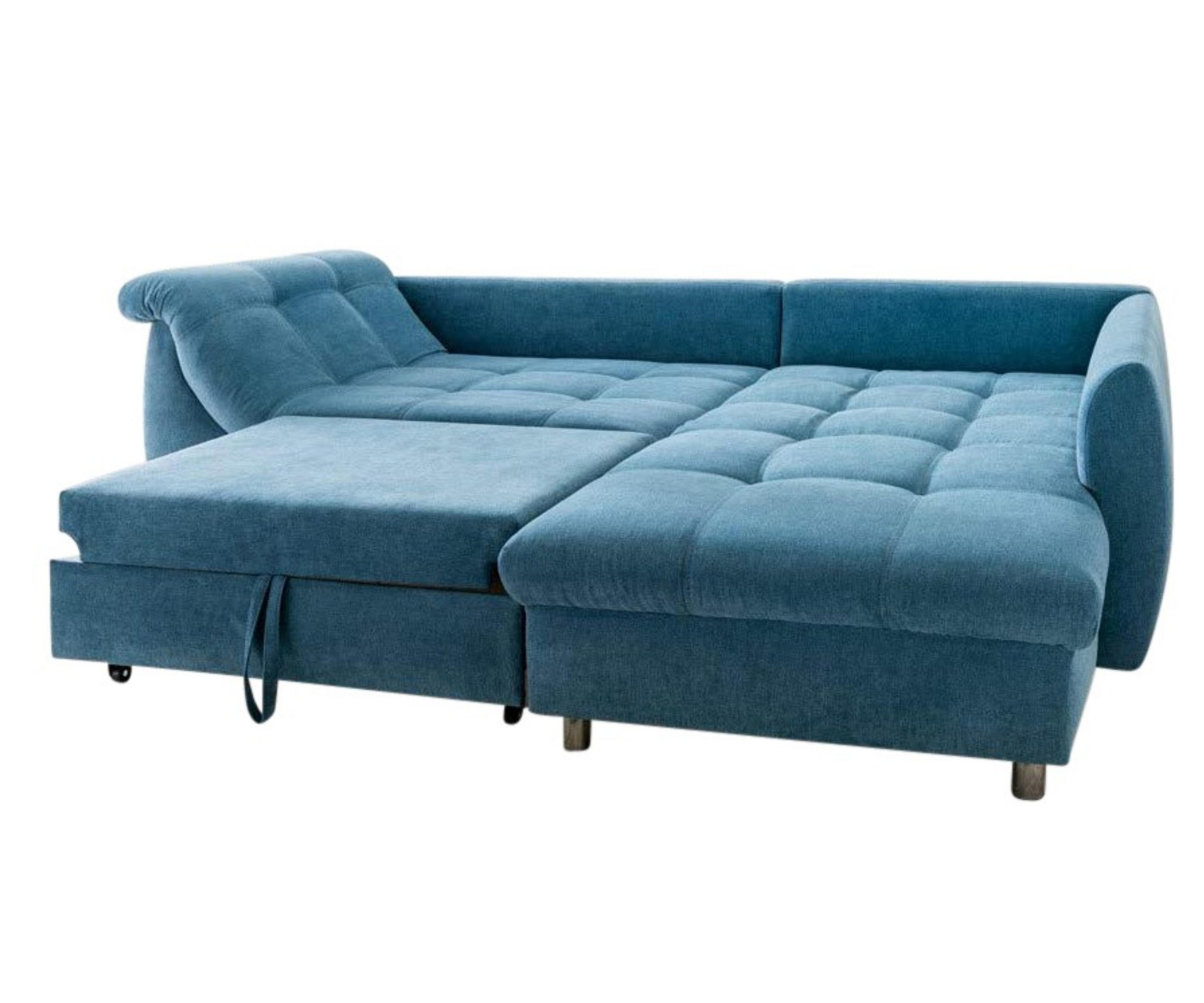 ECKSOFA mit Schlaffunktion, Bettkasten, Wellenunterfederung, Ottomane rechts B250/T190/H84 cm, Liegefl. 179x190 cm, Mikrofaser Blau / 17101 - Blau/Chromfarben, Textil/Metall (250/190cm) - luma-home