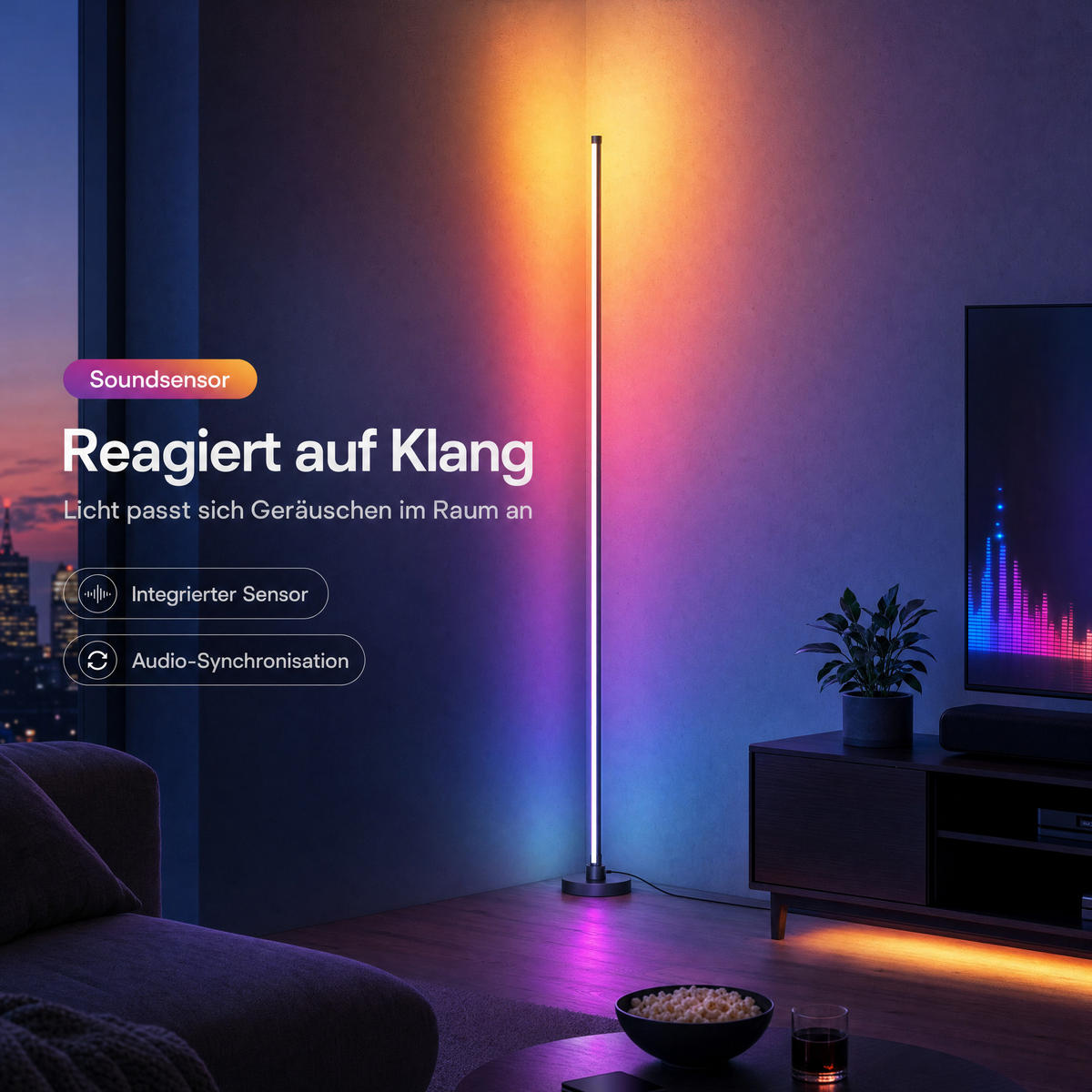 LED-ECKLAMPE mit Fernbedienung integriertem Soundsensor digitale RGBs + Warmweiß Farbeffekte Schwarz - Grau, Kunststoff (15.5/15.5/147.5cm) - Northpoint