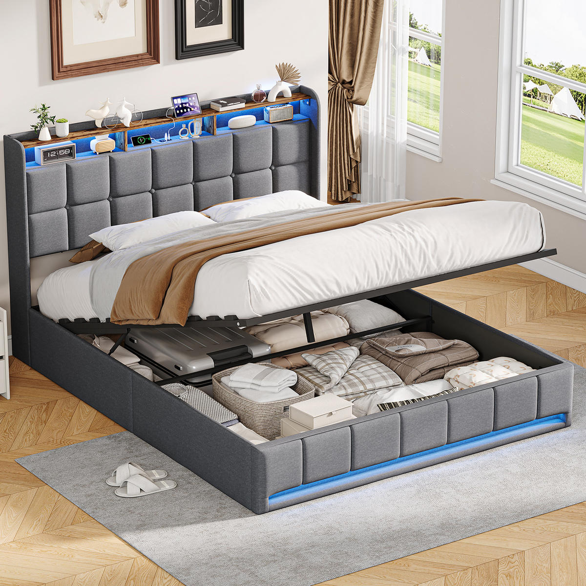 POLSTERBETT 160x200 cm LED USB C Hydraulik Stauraum Metall grau - Grau, Holz (160/200cm) - LEBENLANG