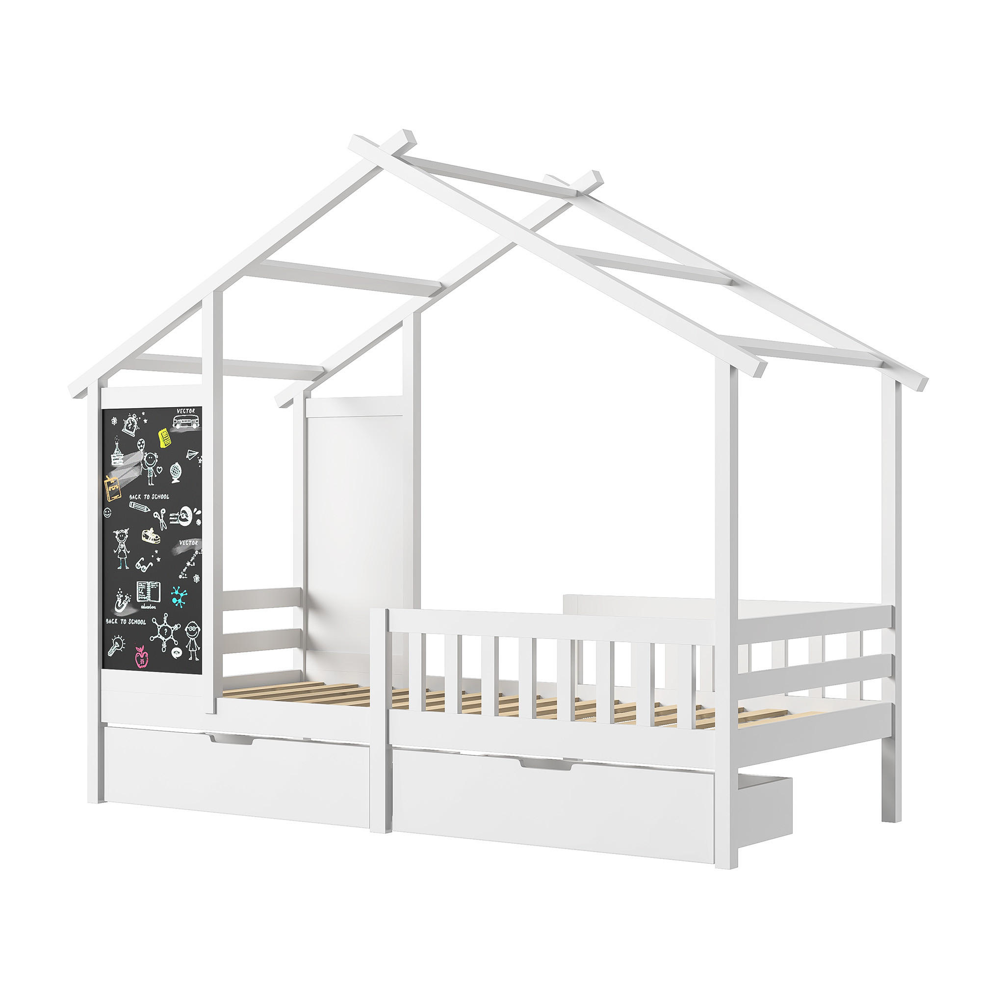 HAUSBETT 90x200cm mit 2 Schubladen, Weiß - Weiß, Holz (90/200cm)