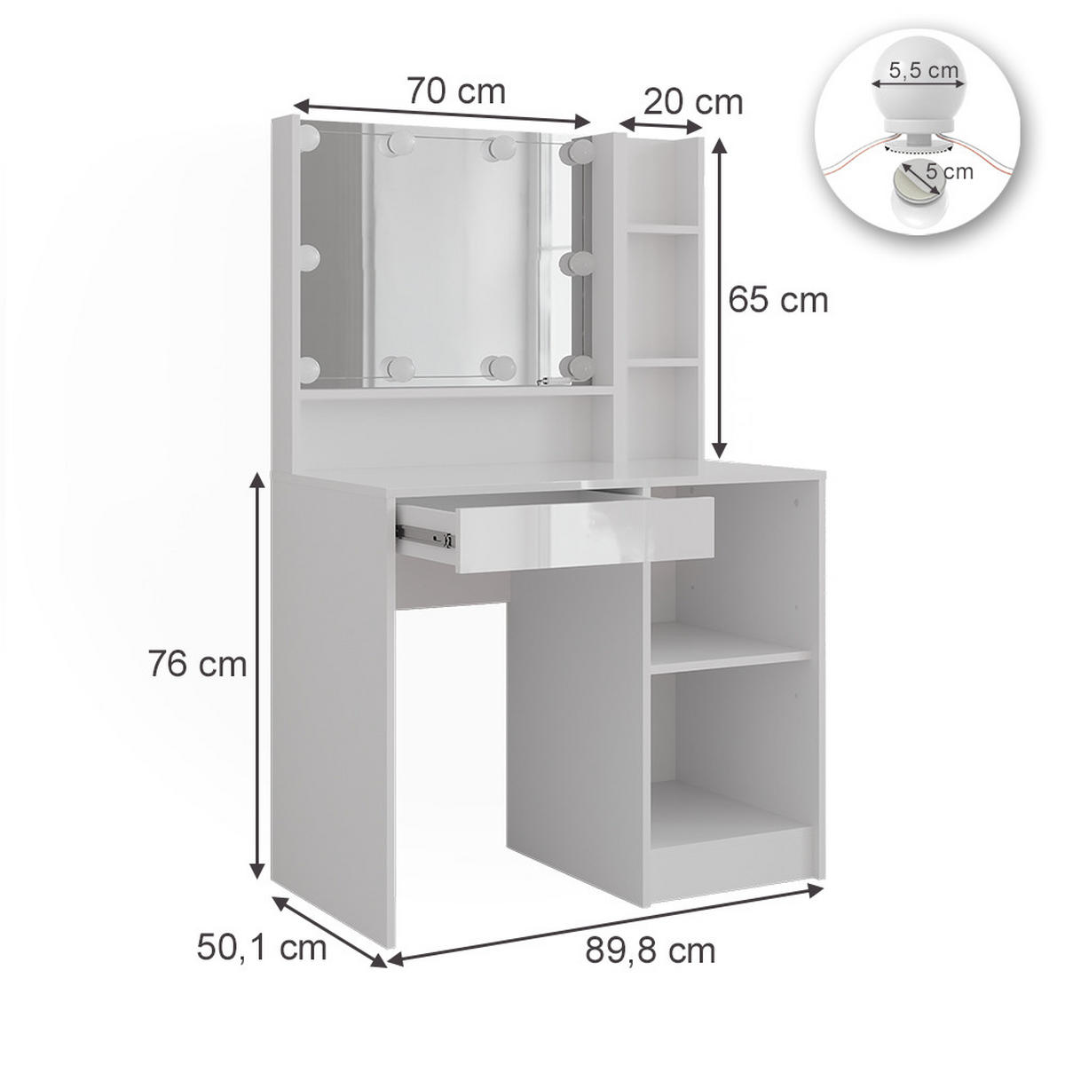SCHMINKTISCH Sherry Weiß/Weiß Hochglanz 89.8 cm 4 Teile - Weiß Hochglanz, Holzwerkstoff (89.8/76/50.1cm) - Vicco