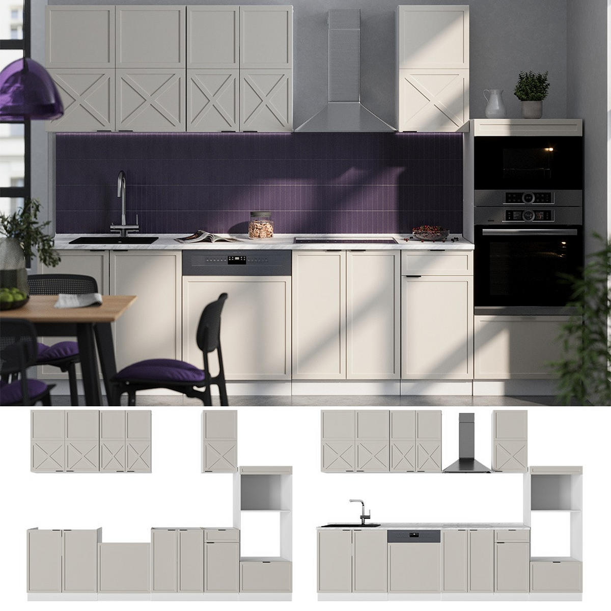 KUHINJSKI BLOK Fame-Line Siva/bež/bela 300 cm z visoko omaro, DP Hrast - siva/bela, leseni material (300/153.6/60cm) - Vicco