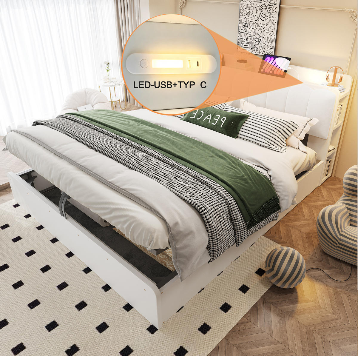BETT 180/200 cm aus Holz mit Stauraum, Weiß - Weiß, Holz (180/200cm) - OKMYHOME
