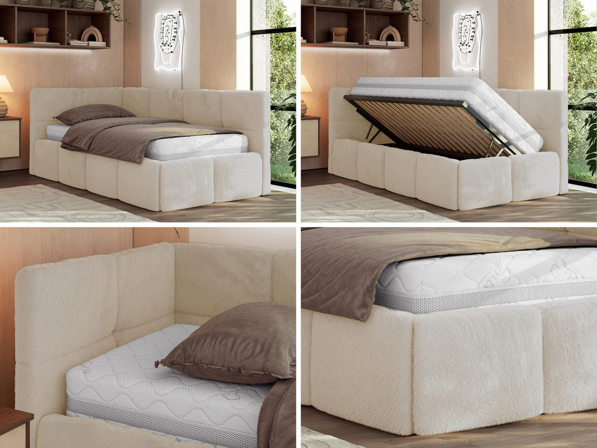 JUGENDBETT ARVO 90/200 - Creme Plüsch - Foam-Matratze - Links Seite - Creme, Textil (90/200cm) - MKS