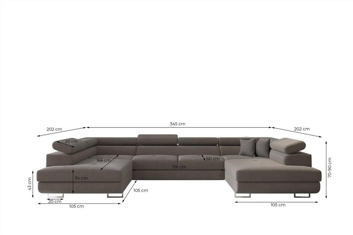 WOHNLANDSCHAFT Carmelo In Nova - Anthrazit, Holzwerkstoff/Textil (345/90/202cm) - Fun Möbel