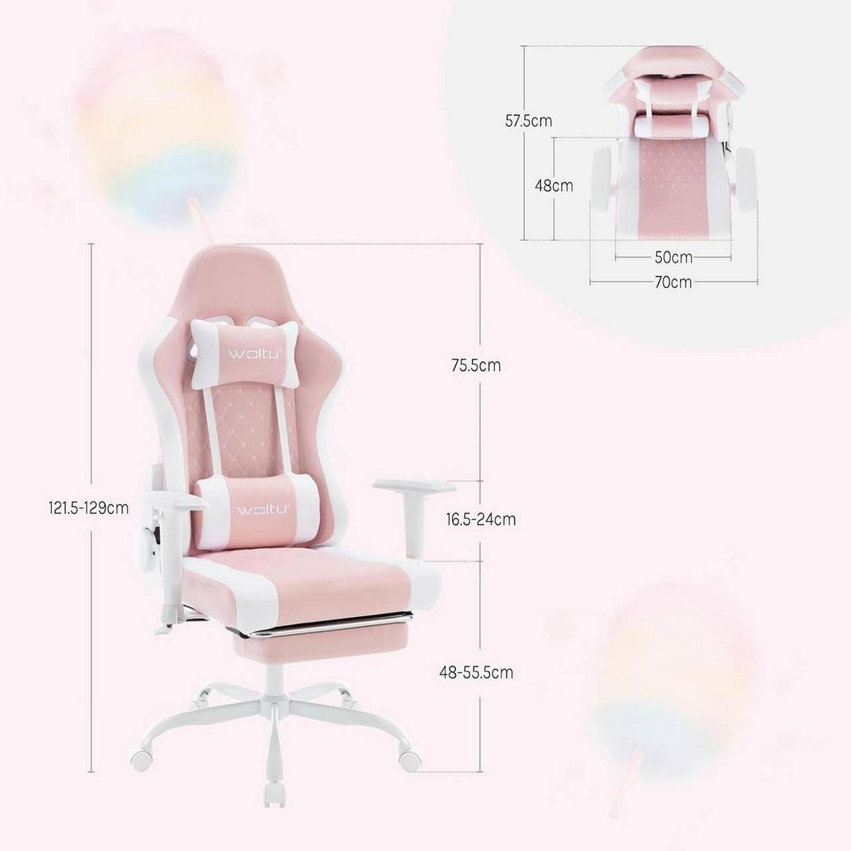 GAMINGSTUHL mit Lendenkissen, Massagefunktion, Rosa+Weiß - Weiß/Rosa, Textil/Metall (70/129/57.5cm) - Woltu