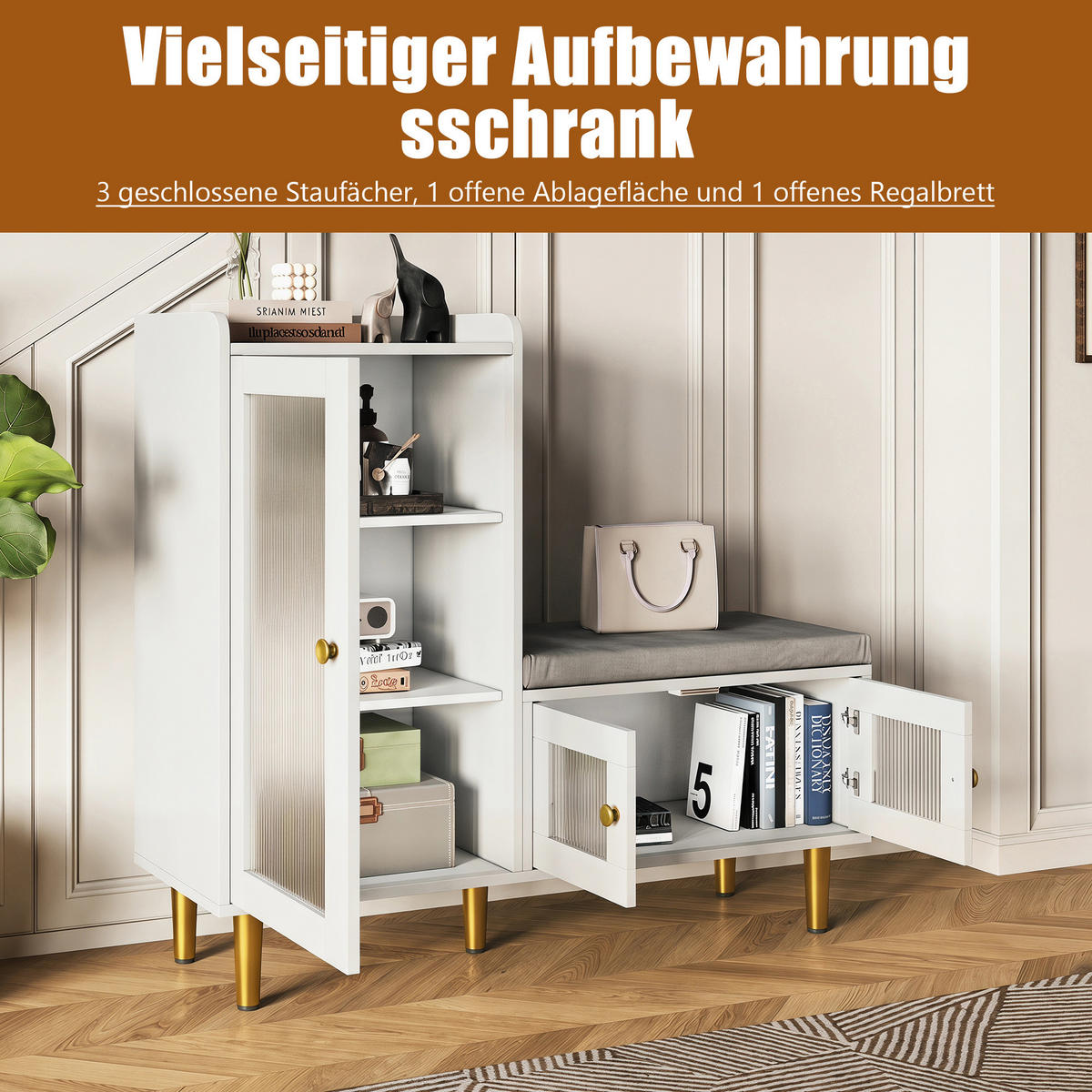 SCHUHSCHRANK mit Sitzbank, 3 Türen, verstellbare Einlegeböden, 100 x 35 x 90 cm, weiß - Weiß, Holz/Metall (35/90/100cm) - GENKI LIVING