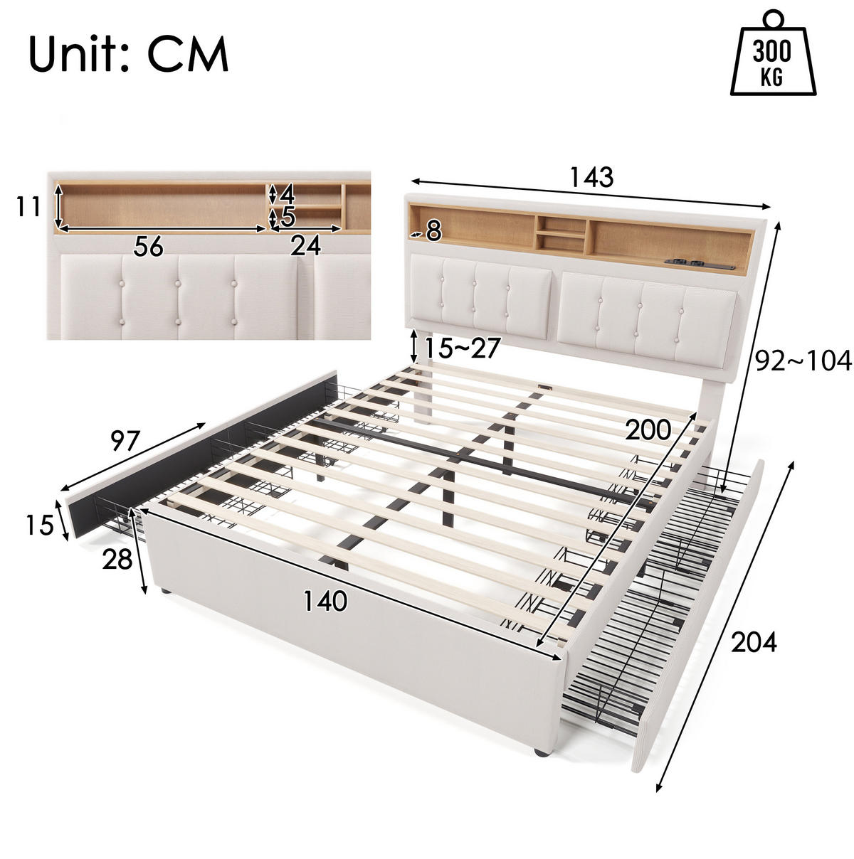 BETT mit 4 Schubladen und USB/Typ-C 140x200 cm Leinen Beige - Beige, Metall (140/200cm) - Meubliv